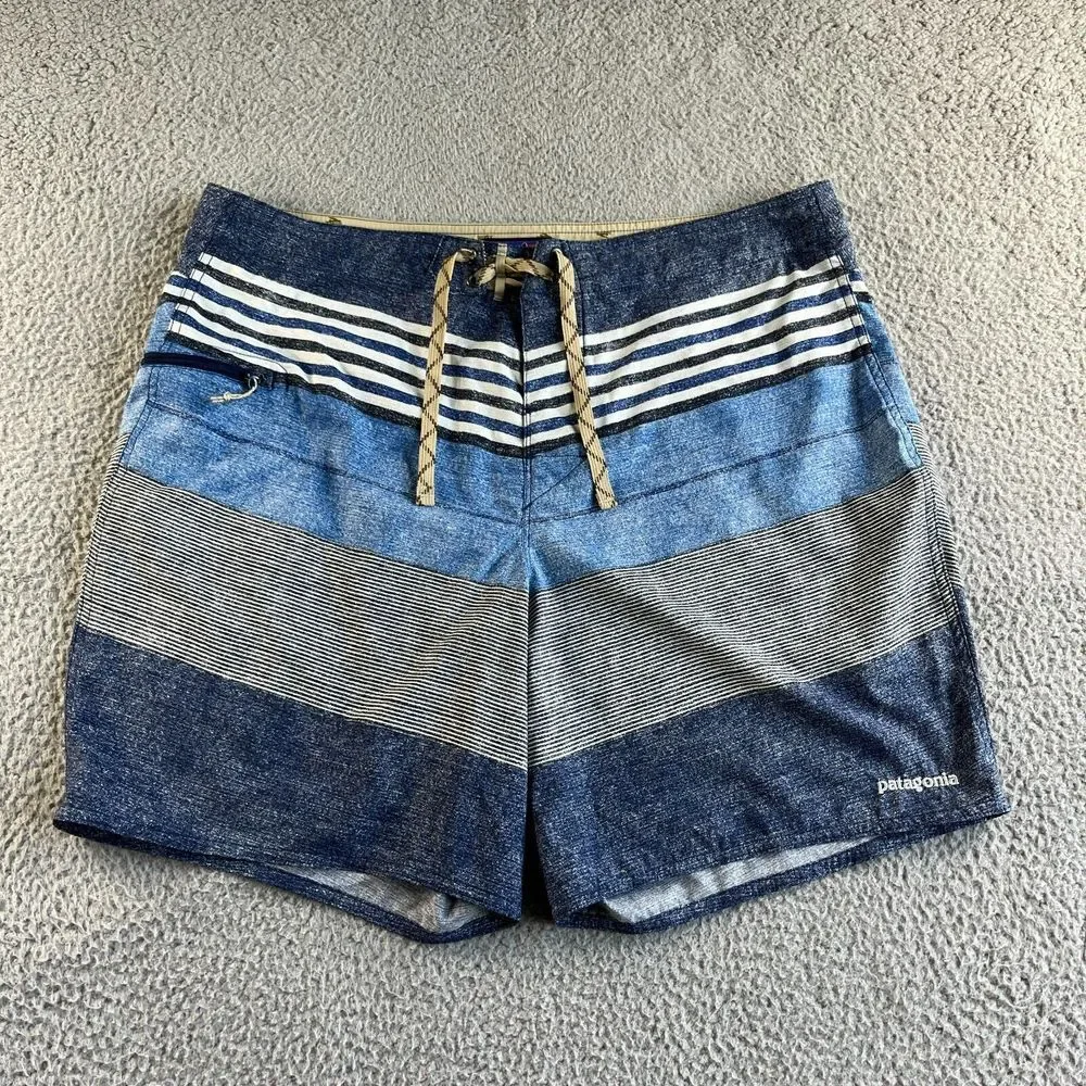 NEW Patagonia Board Shorts Mens Blue 38 Striped Swim Trunks Hybrid Outdoor Beach